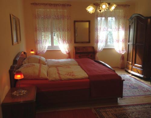 a bedroom with a bed and two windows at Ferienhaus Koller in Güssing
