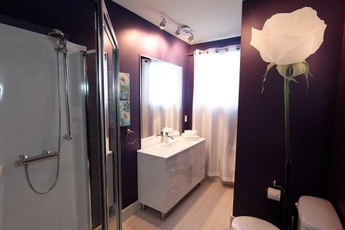 y baño con lavabo, ducha y aseo. en Chalet 9028 Chemin des Alpages by Les Chalets Alpins, en Stoneham