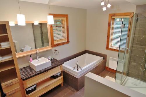 a bathroom with a tub and a sink and a shower at Chalets Alpins- 39 Chemin des Skieurs in Stoneham