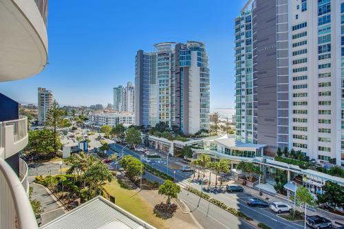 an aerial view of a city with tall buildings at Mantra Twin Towns in Tweed Heads