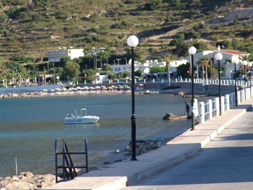 a boat in the water next to a dock at Irene Studios in Kefalos