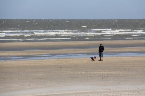 a man and a dog walking on the beach at Hotel Iris in De Panne