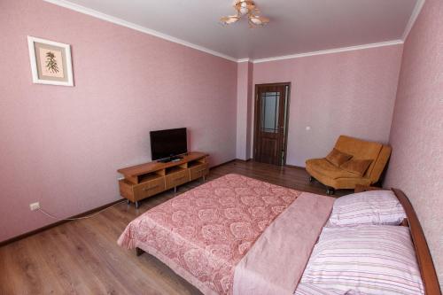 クラスノダールにあるApartment on Pokryshkina 2のベッドルーム(ベッド1台、テレビ、椅子付)