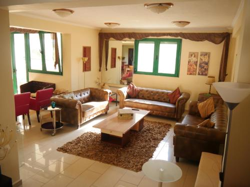 a living room with leather couches and a coffee table at Elimeia 3 Hotel in Aiani