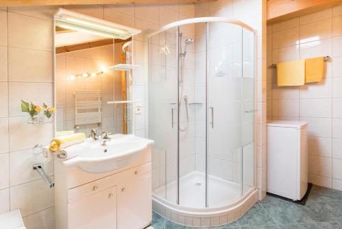 łazienka z prysznicem i umywalką w obiekcie Appartement Alpina w Alpbach