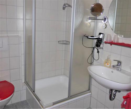 una ducha con una puerta de cristal junto a un lavabo en Hochtalblick, en Bernau im Schwarzwald
