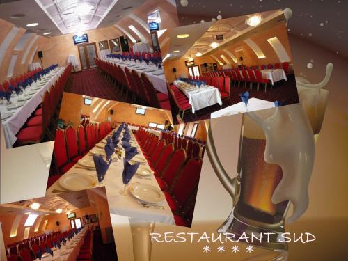 Hotel Sud في Giurgiu: مجموعة من صور المطعم مع الطاولات والكراسي