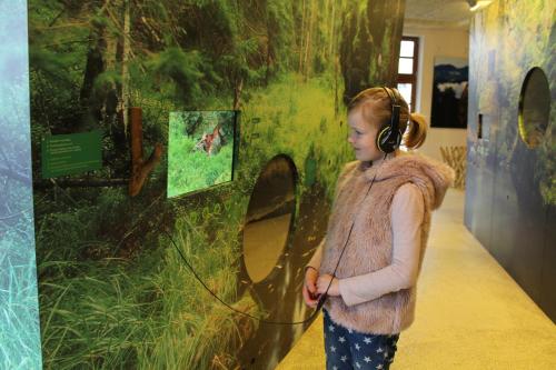 a young girl wearing headphones standing next to a painting at Apartmán - Dům Českého Švýcarska in Krásná Lípa