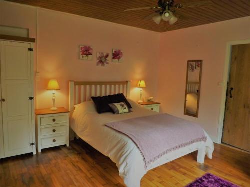 - une chambre avec un lit, 2 tables de nuit et 2 lampes dans l'établissement Tranquil Watermill, à Pré-en-Pail
