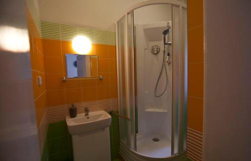 y baño con ducha y lavamanos. en Carpe Diem Prague, en Praga