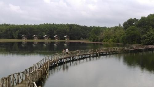 a couple on a wooden bridge over a lake at Salsa Hostel in Chumphon