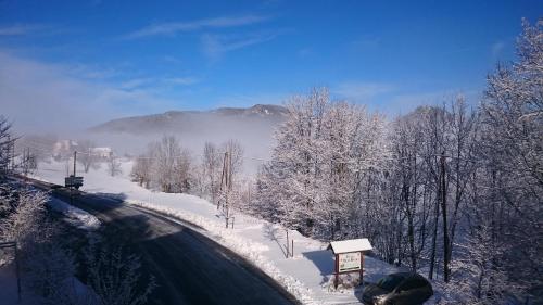 a road covered in snow with trees and a mountain at La Ferme du Bois Barbu in Villard-de-Lans