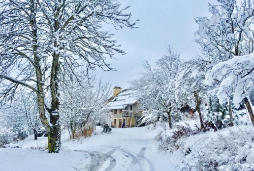 una calle cubierta de nieve frente a una casa en Chambre d'Hôtes La Grange des Ecrins, en Chabottes