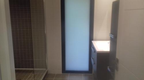 Un baño con ducha con espejo y lavabo. en Maison passive et d'architecte, en Treillières