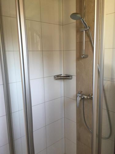 a bathroom with a shower with a glass door at Berghaus Christel, bergbeek in grote tuin in Arnoldstein