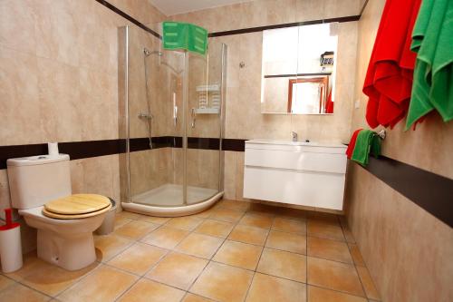 a bathroom with a toilet and a shower at Casa Sunshine Cotillo Mar in El Cotillo