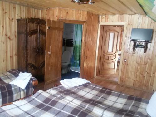 a room with two beds and a tv and a door at Synevyrskyj Chardash in Synevyr