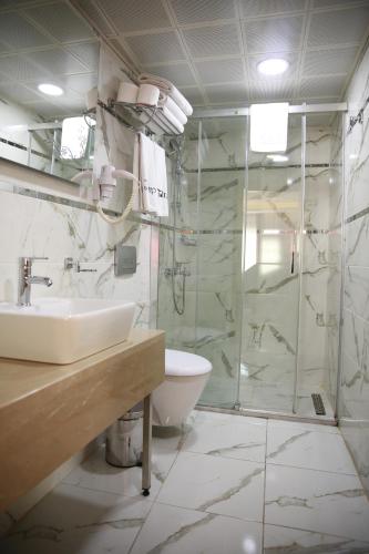 a bathroom with a shower and a sink and a toilet at Hotel Black Pearl in Istanbul