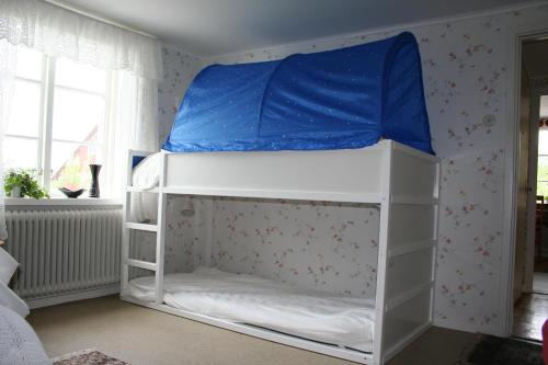 HovaにあるFagerlid Gårdの青い天蓋付きの白い二段ベッド1台が備わる客室です。