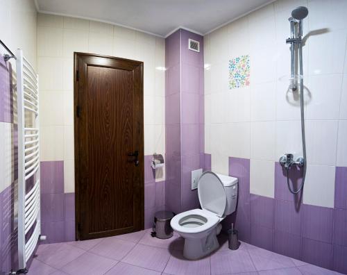 a bathroom with a toilet and a brown door at Guest House Villa Bozhenitsa in Bozhenitsa