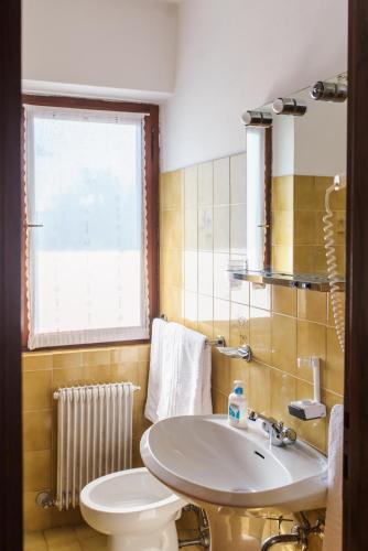 a bathroom with a sink and a toilet and a window at Hotel Mignon in Folgaria