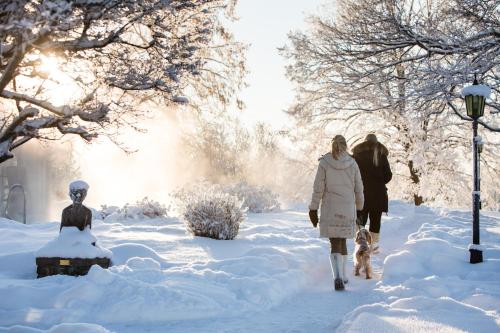 two people walking in the snow with a dog at Klækken Hotel in Hønefoss
