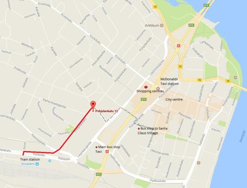 a map of a city with a red line at Nordic Home, with private sauna in Rovaniemi