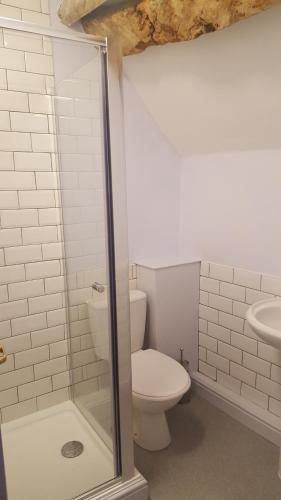 a bathroom with a toilet and a glass shower at The George & Dragon Felton in Felton