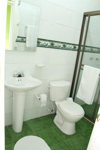 a white bathroom with a toilet and a sink at Finca Azulinas in La Tebaida