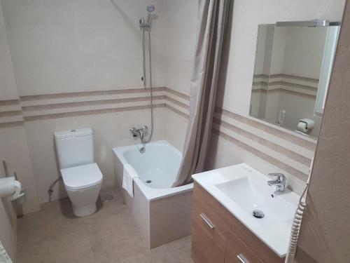 a bathroom with a toilet and a sink and a mirror at Hospedaje Magallanes in Santander