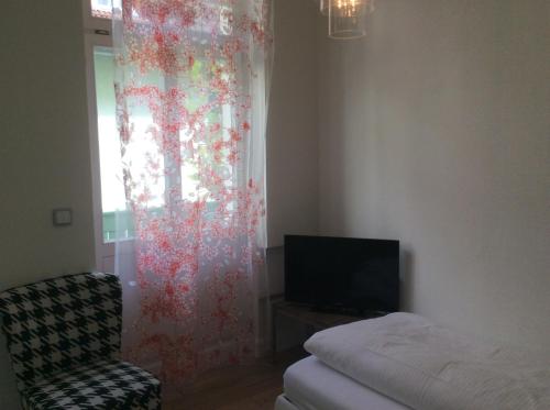 a room with a curtain and a chair and a television at Hotel Heidelberg Astoria in Heidelberg