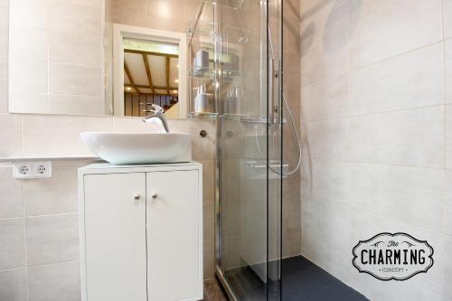 łazienka z umywalką i prysznicem w obiekcie Plaza Mayor - Exclusivo Apartamento Dúplex w Madrycie