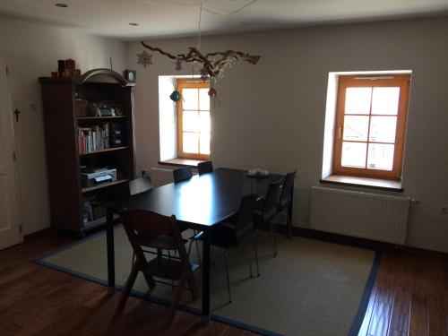 a dining room with a table and chairs and two windows at Apartments Tabor43 in Cerknica