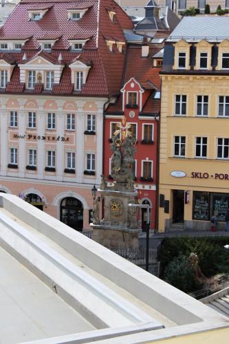 a statue in the middle of a city with buildings at Karlsbad Prestige in Karlovy Vary