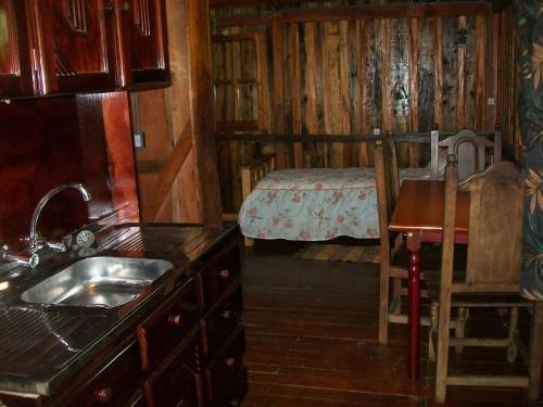 a kitchen with a sink and a bed in a room at Aires del Monte in El Soberbio