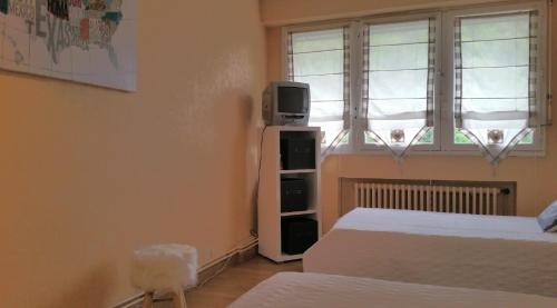 een slaapkamer met 2 bedden en een tv boven op een koelkast bij T2 Bis Luchon in Luchon