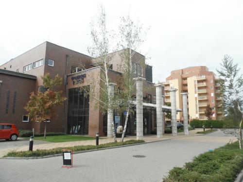 a large brick building on a street with buildings at Galerius Apartment in Siófok