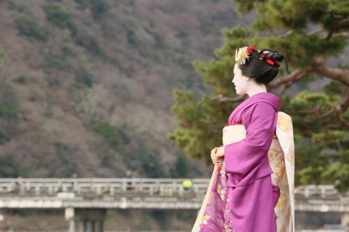 a woman in a purple dress standing in front of a bridge at Inari Ohan in Kyoto