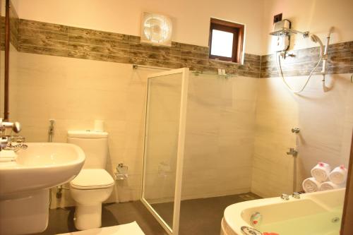 a bathroom with a toilet and a shower and a sink at Freedom Village in Dambulla