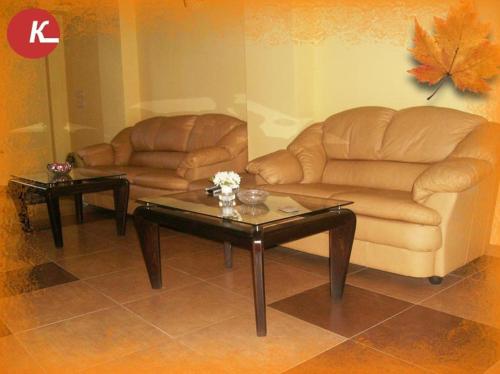 a living room with a couch and a coffee table at Guesthouse Kiritsovi in Bansko