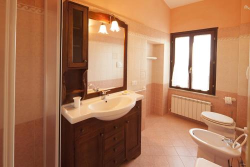 a bathroom with a sink and a toilet and a mirror at Il poggio dei tre contadini in Ponte Felcino