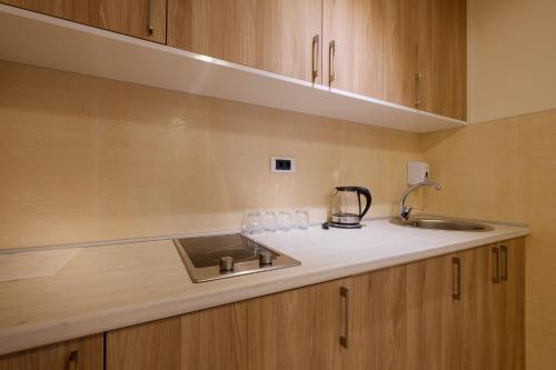 a kitchen counter with a sink and a mixer at Airport Hotel Garni in Belgrade