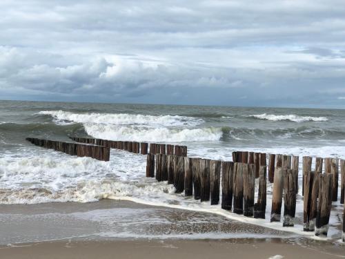 a view of the ocean with waves and a pier at Pension de Zeeschelp in Domburg