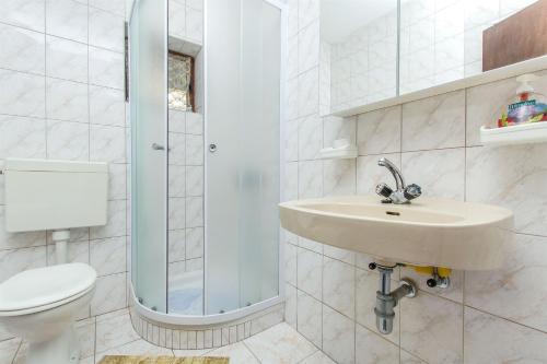 a bathroom with a toilet and a sink and a shower at Apartments and Rooms Stjepan in Zastražišće