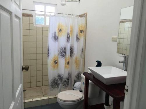 a bathroom with a shower curtain with a toilet and a sink at Oasis in Sámara