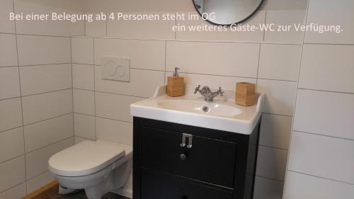 a bathroom with a white toilet and a sink at Maifeld-Fewo Sonnenschein in Kerben