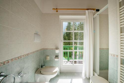 a bathroom with a toilet and a window at Hotel Villa Rosella Park & Wellness in Canazei