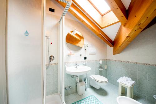 a bathroom with a shower and a toilet and a sink at Hotel Villa Rosella Park & Wellness in Canazei