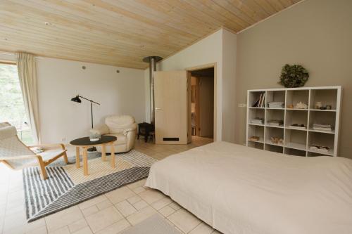 1 dormitorio con 1 cama, 1 mesa y 1 silla en Buļļi en Riga