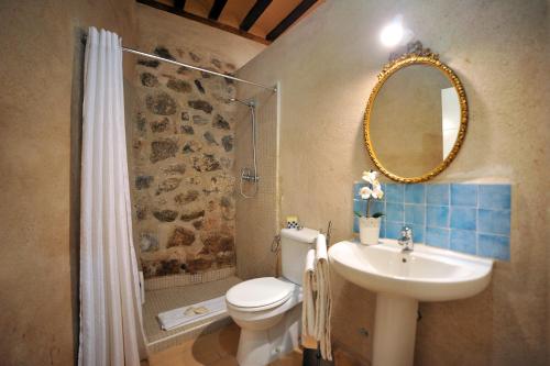 a bathroom with a sink and a toilet and a mirror at King David Suite in Toledo